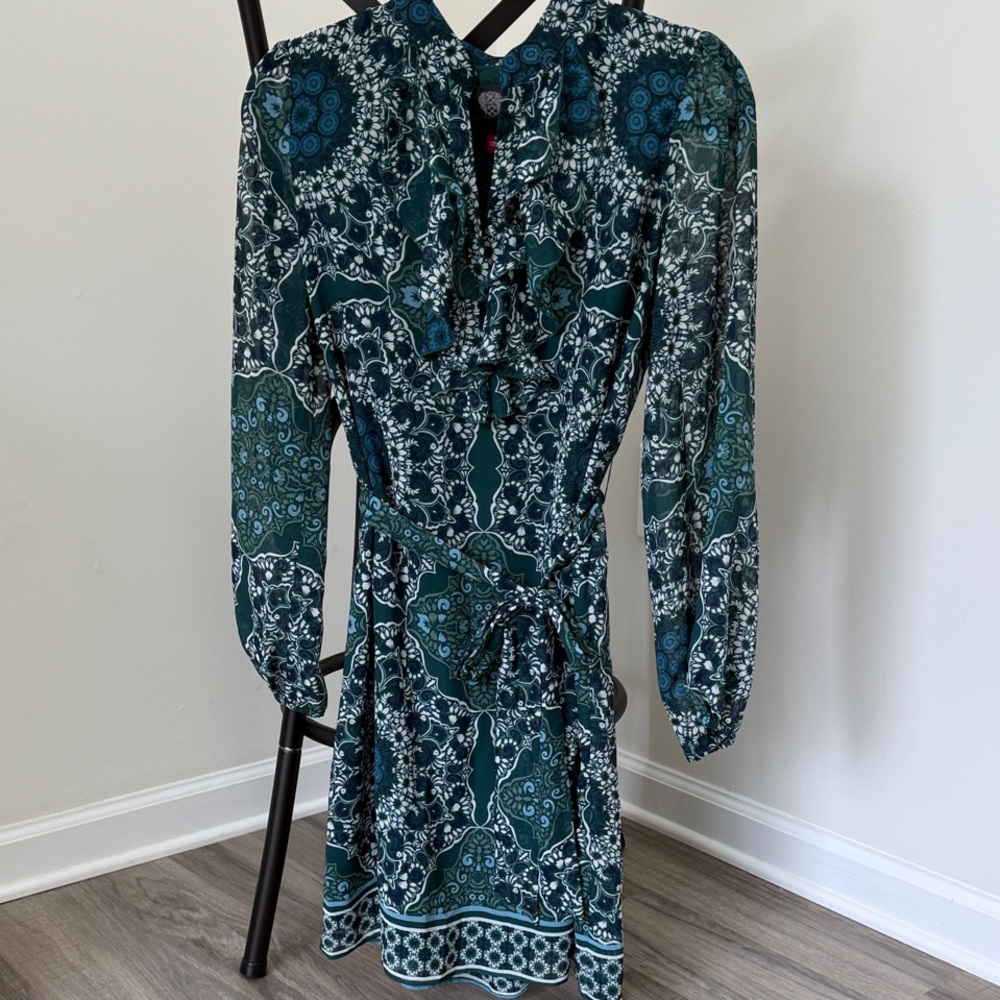 Vince Camuto Teal and Black Long Sleeve Dress